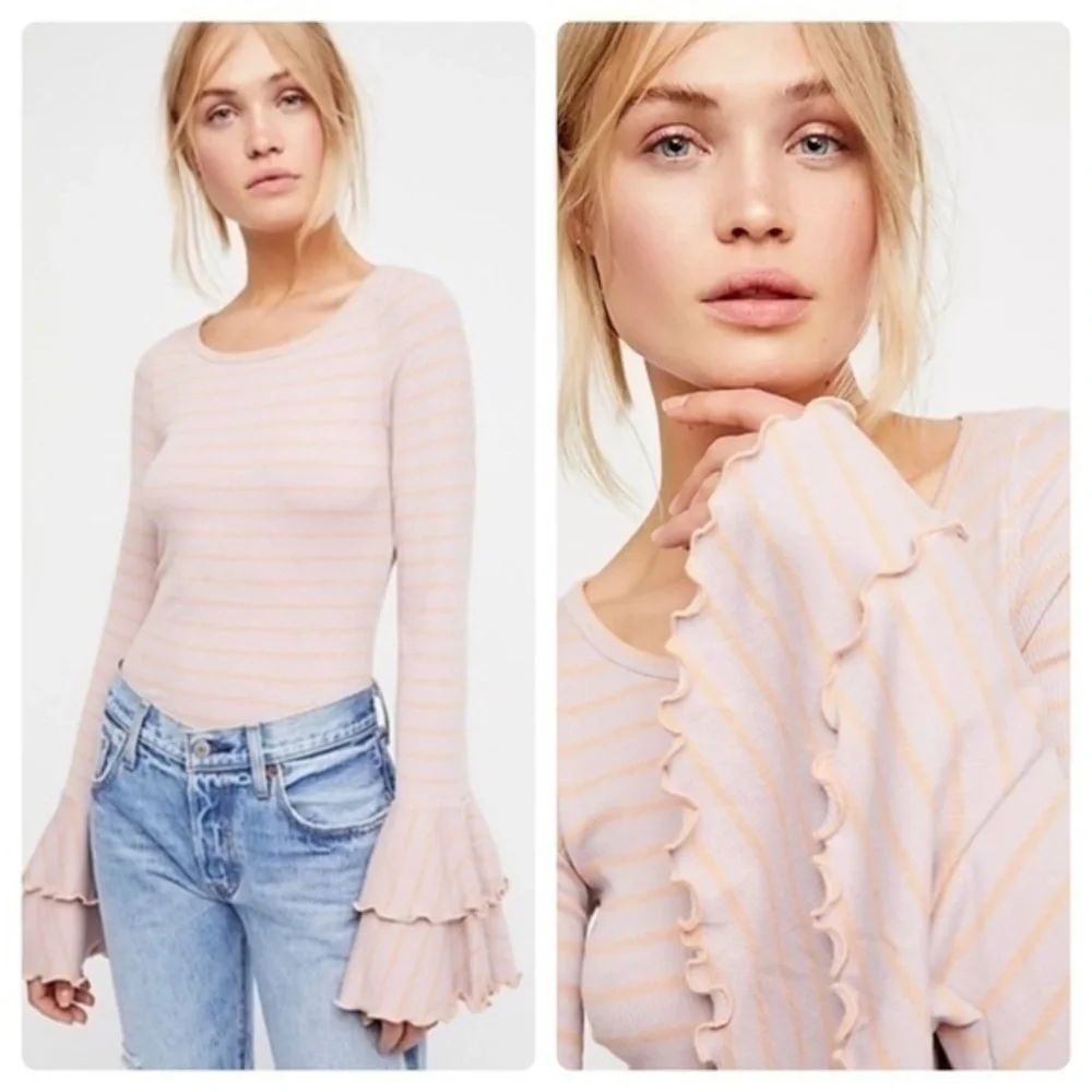 Free People We The Free Good Find Top Dusty Print Stripped Top Bell Sleeves
